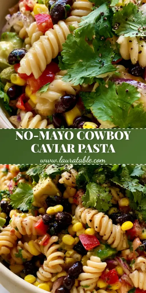 A vibrant Cowboy Caviar Pasta Salad with rotini, black beans, corn, and avocado in a matte cream bowl on a marble surface.