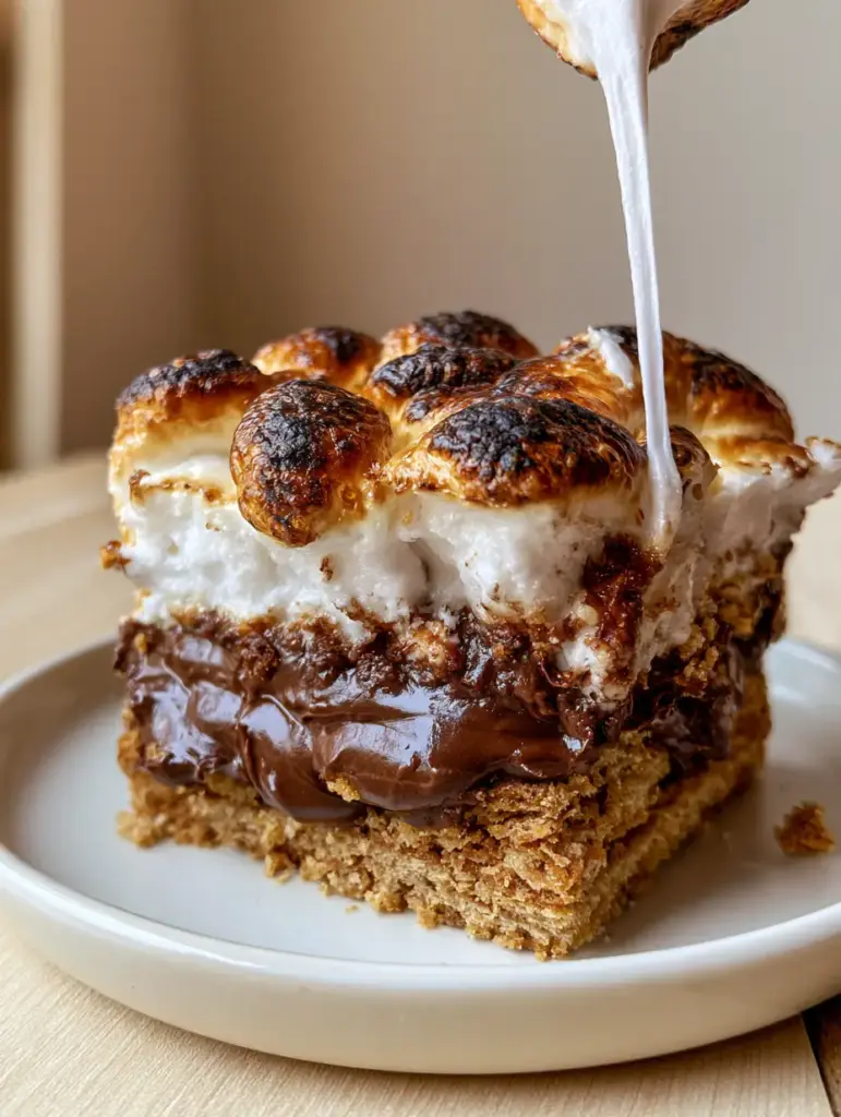 Smores Cookie Bars with Molten Chocolate and Toasted Marshmallows 1 Detailed view of the buttery graham cracker crust and dense molten chocolate layer of the Smores Cookie Bars.