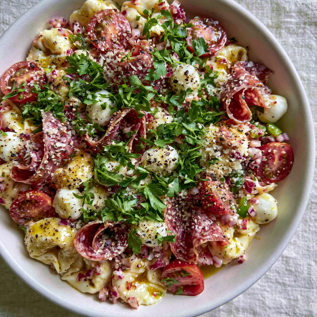 Overhead view of a matte white bowl filled with Tortellini pasta salad, folded salami, and bright green parsley garnish.