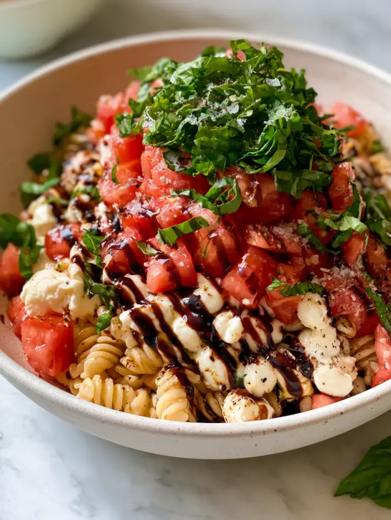 Artisan ceramic bowl filled with Bruschetta Pasta Salad, featuring mahogany balsamic glaze and emerald basil chiffonade.