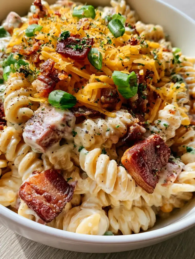 Bacon Pasta Salad: The Ultimate Creamy Potluck Favorite 1 Detailed close-up of bacon pasta salad topped with shredded cheddar, green onions, and cracked black pepper.