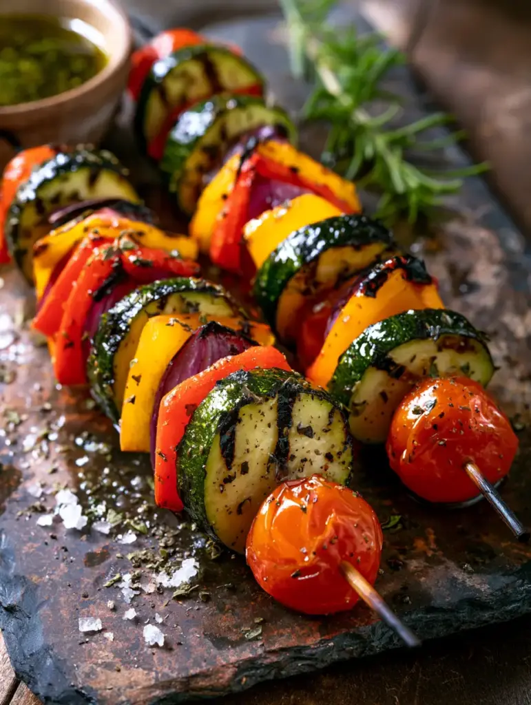 Glistening herb-infused vegetable kabobs with blistered cherry tomatoes and coarse sea salt crystals.
