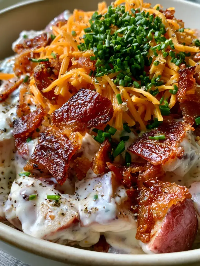 Loaded Potato Salad with Red Skin Potatoes and Crispy Bacon 1 Close-up of thick-cut mahogany bacon and shredded orange cheddar on loaded potato salad.