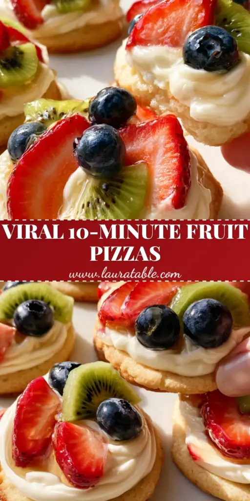 Mini Fruit Pizzas with Thick Cream Cheese Glaze 3 A smartphone-style photo of a hand picking up one of many Mini Fruit Pizzas with a thick sugar cookie base, cream cheese swirl, and fresh fruit on a marble slab.