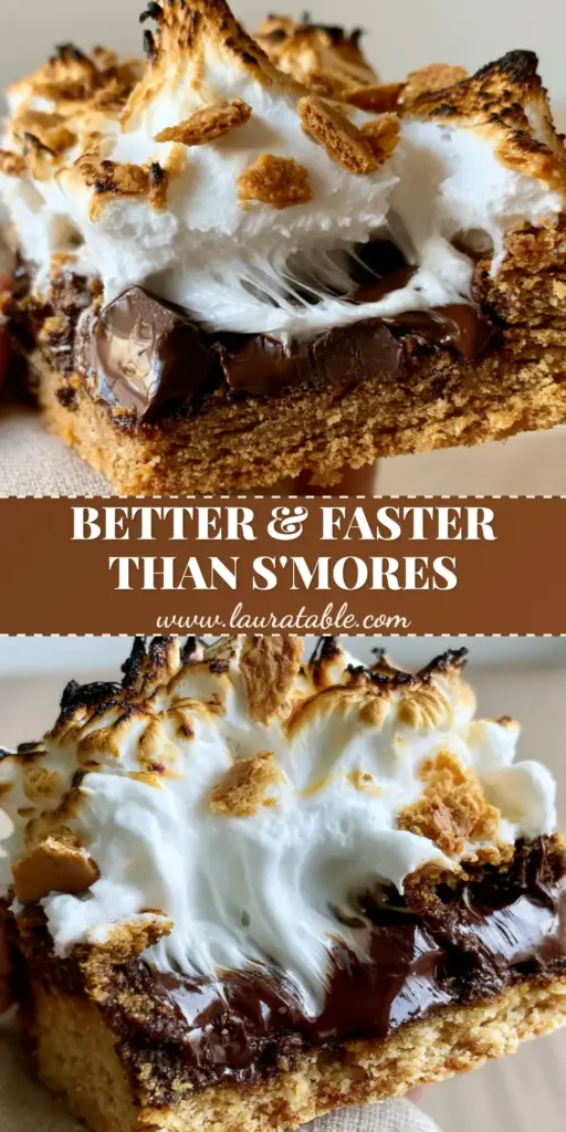 A close-up of thick s'more bars showing a gooey marshmallow pull, melted chocolate chunks, and a toasted graham cracker crust.