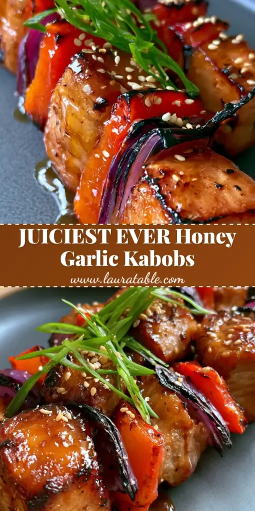 A close-up of three honey garlic grilled pork kabobs with charred red onions and blistered peppers on a charcoal platter. (grilled pork kabobs)