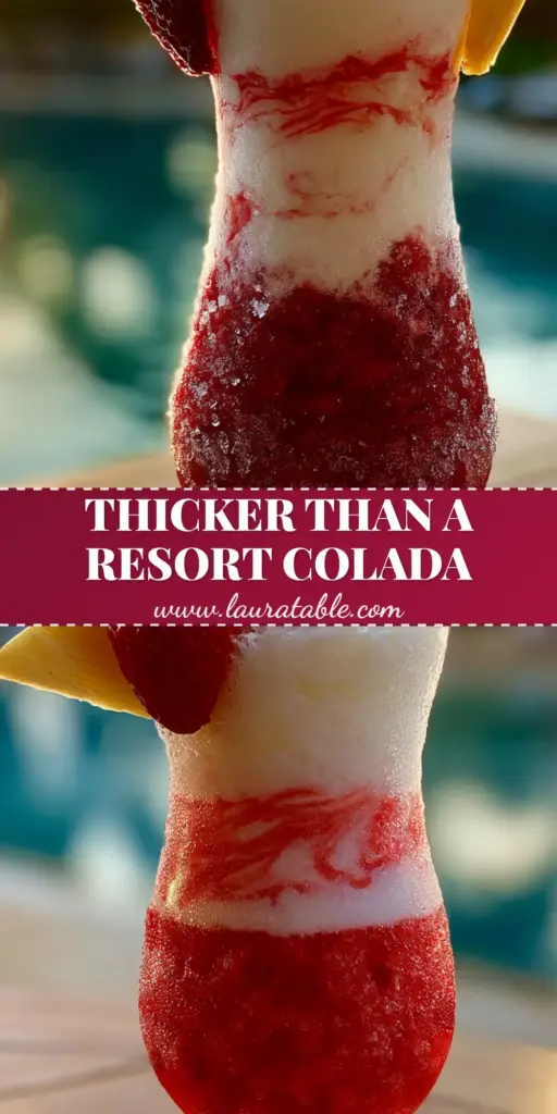 A tall hurricane glass featuring a double-layered strawberry colada with vibrant red puree on the bottom and thick white coconut cream on top, garnished with mint and fruit.