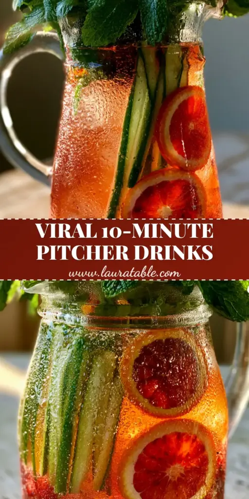 A large sweating glass pitcher filled with sparkling amber summer batch cocktails, featuring vertical cucumber ribbons, muddled strawberries, and a mint bouquet on a weathered wood table.
