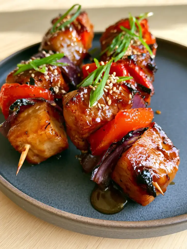 Extreme close-up of seared pork tenderloin cubes with golden-caramelized edges and fresh green onions. (grilled pork kabobs)