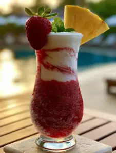 Close up of a frozen strawberry colada in a hurricane glass with heavy condensation and a thick pineapple wedge garnish.