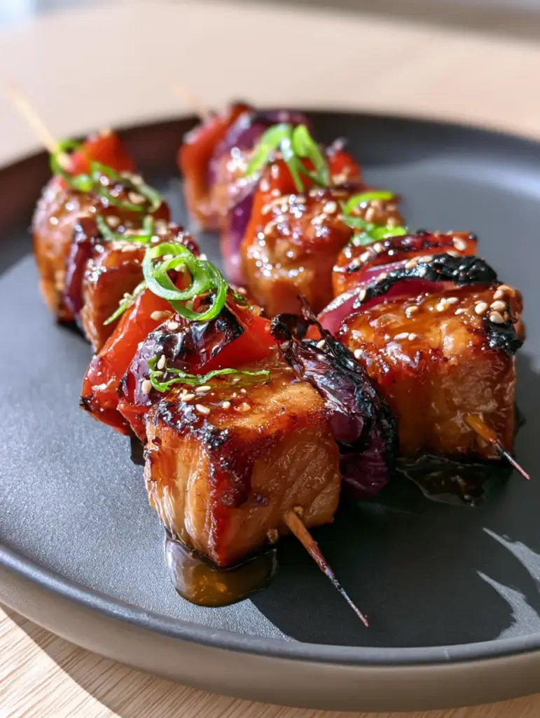 Macro view of charred purple onion petals and glistening amber glaze on grilled pork skewers.