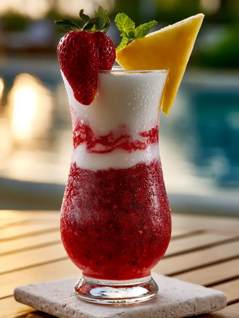 A strawberry colada served poolside at golden hour, showing the artistic swirls between the red and white layers.