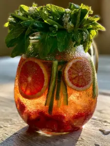 Macro shot of summer batch cocktails showing condensation beads, clear ice, and crimson muddled strawberries in a pitcher.