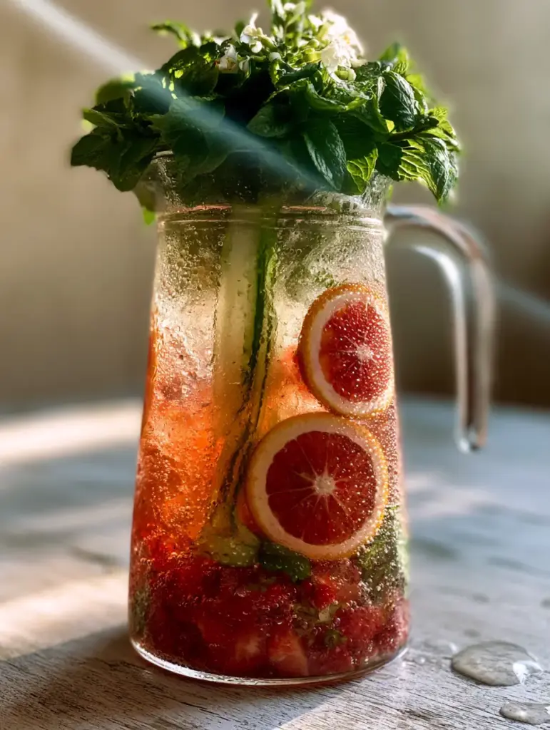 A vibrant summer batch cocktail pitcher garnished with white edible flowers and a lush bouquet of fresh slapped mint.