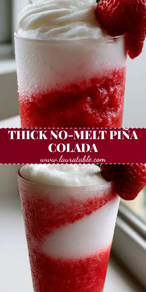 A tall glass of layered Strawberry Piña Colada with crimson puree and white coconut cream, garnished with a strawberry and pineapple frond.