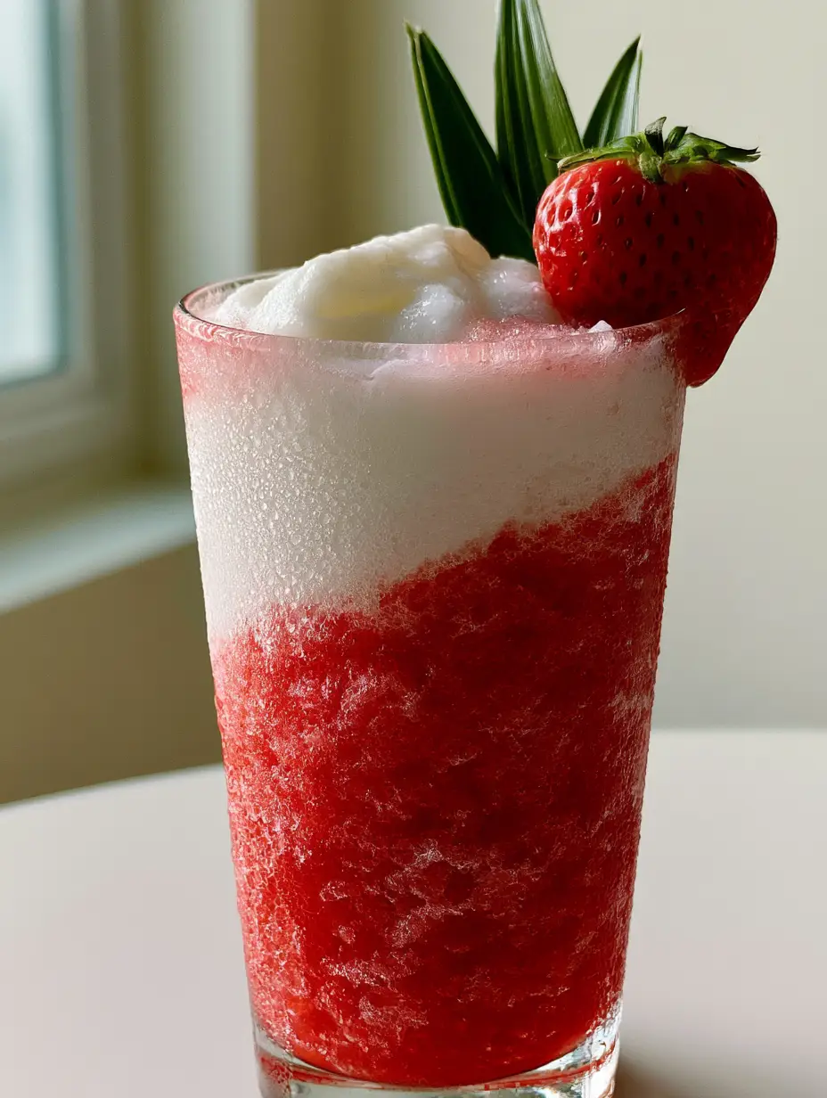 A handheld smartphone photo showing a Miami Vice style Strawberry Piña Colada with thick sorbet texture and frosty condensation.