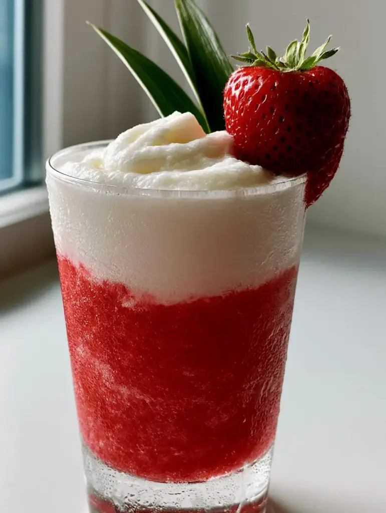 Close up of the sharp swirl and garnish of a Strawberry Piña Colada in a tall glass.