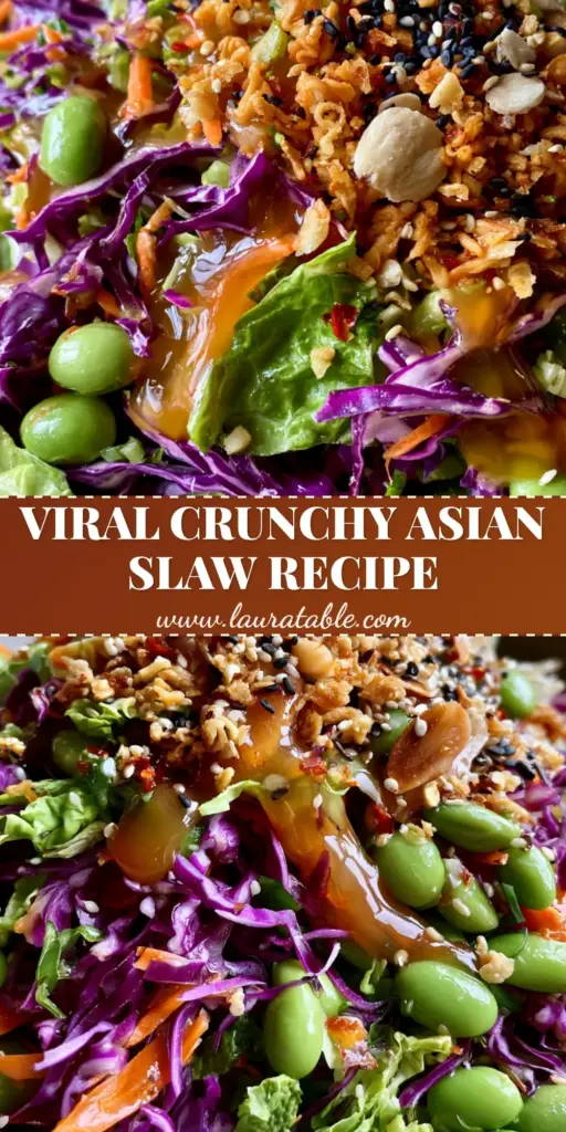A tall Pinterest-style vertical photo of an Asian coleslaw recipe featuring shredded purple and green cabbage, edamame, and toasted ramen noodles.