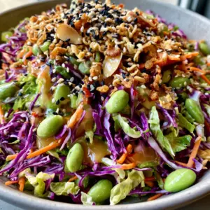 Extreme close-up of neon-green savoy cabbage and purple cabbage coated in a glossy amber sesame dressing for an Asian coleslaw recipe.