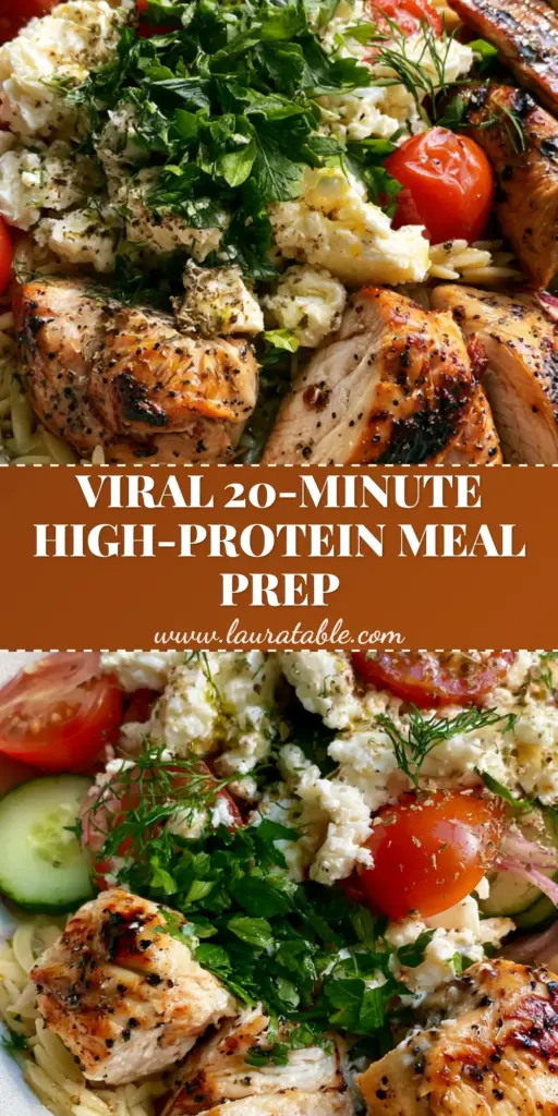 A top-down view of Grilled Chicken Orzo Salad in a white bowl featuring golden seared chicken, feta, and fresh herbs.