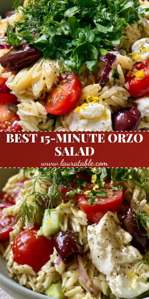 A heaping bowl of Mediterranean orzo salad with cherry tomatoes, cucumbers, and feta cheese. (orzo salad)