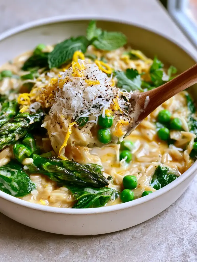 Macro photo of a wooden spoon lifting a scoop of glistening orzo with asparagus and peas. (orzo with asparagus and peas)