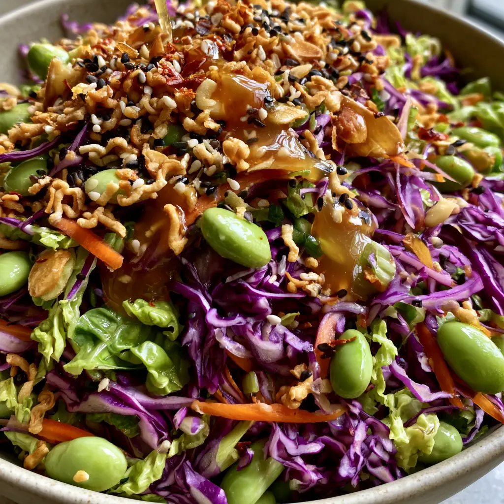 Close-up shot of a minimalist bowl filled with Asian coleslaw, topped with toasted ramen crumbles, slivered almonds, and black sesame seeds.