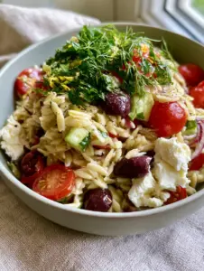 Close-up of al dente orzo salad with large feta crumbles and fresh dill sprigs in a grey bowl. (orzo salad)