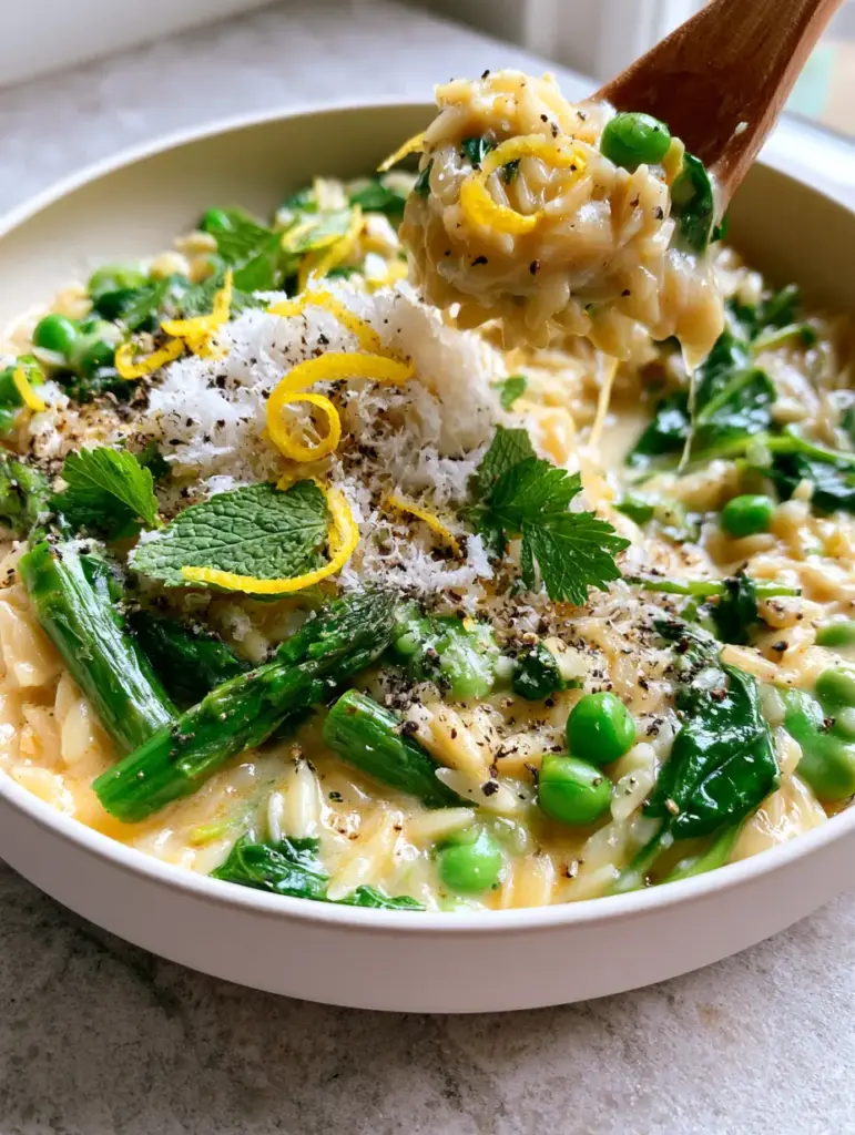 orzo with asparagus and peas: A Creamy Lemon Garlic Masterpiece 1 A shallow pan filled with vibrant emerald green asparagus, peas, and wilted spinach mixed with orzo.