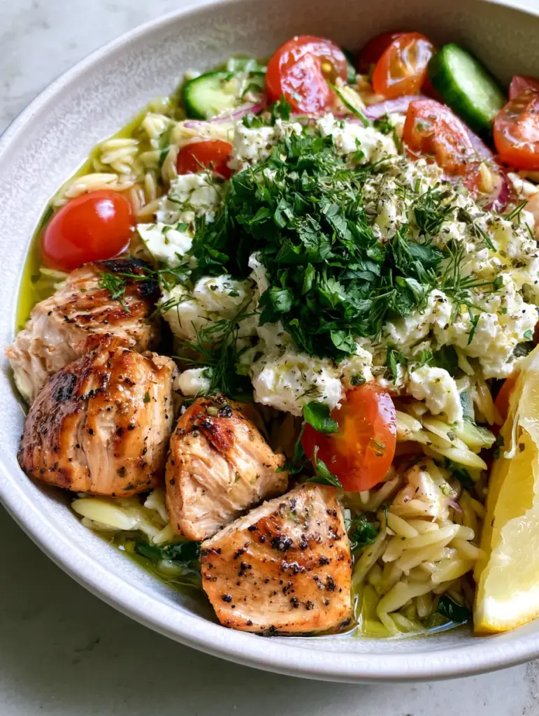 Vibrant salad bowl with sliced cucumbers, cherry tomatoes, and chunky feta cheese on a bed of orzo.