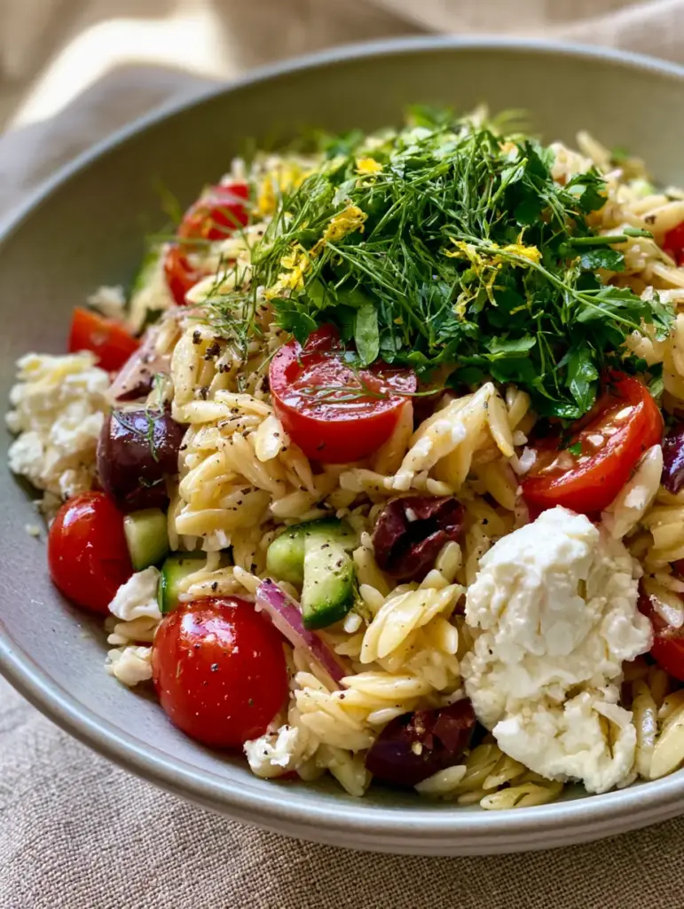 A smartphone-style photo of a healthy orzo salad bowl featuring olives and parsley. (orzo salad)