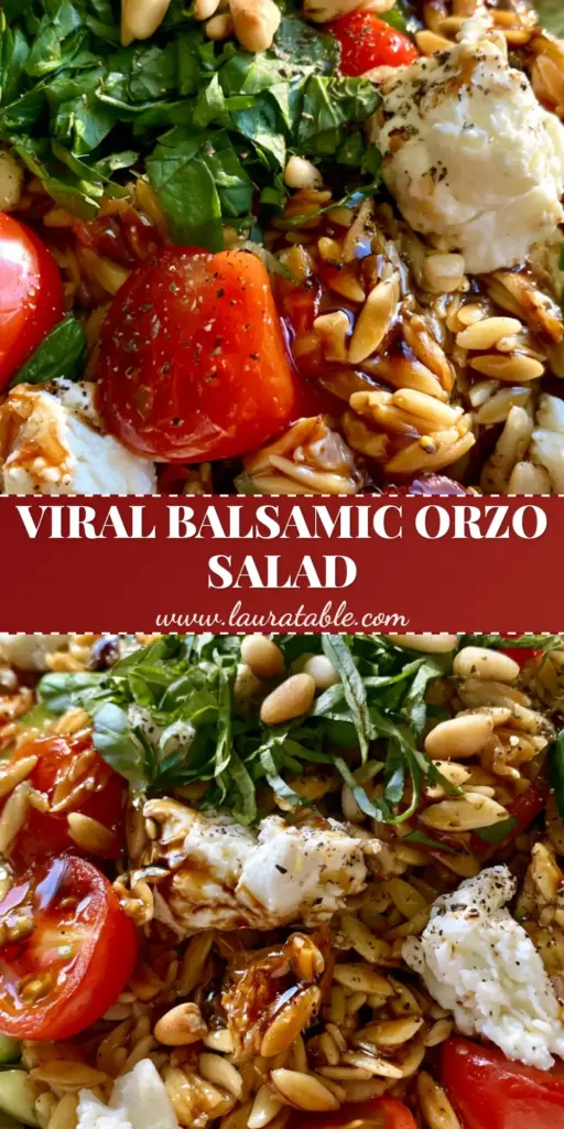 A handheld smartphone photo of a vibrant balsamic orzo salad in a shallow ceramic bowl with glossy dark glaze, feta crumbles, and fresh basil.