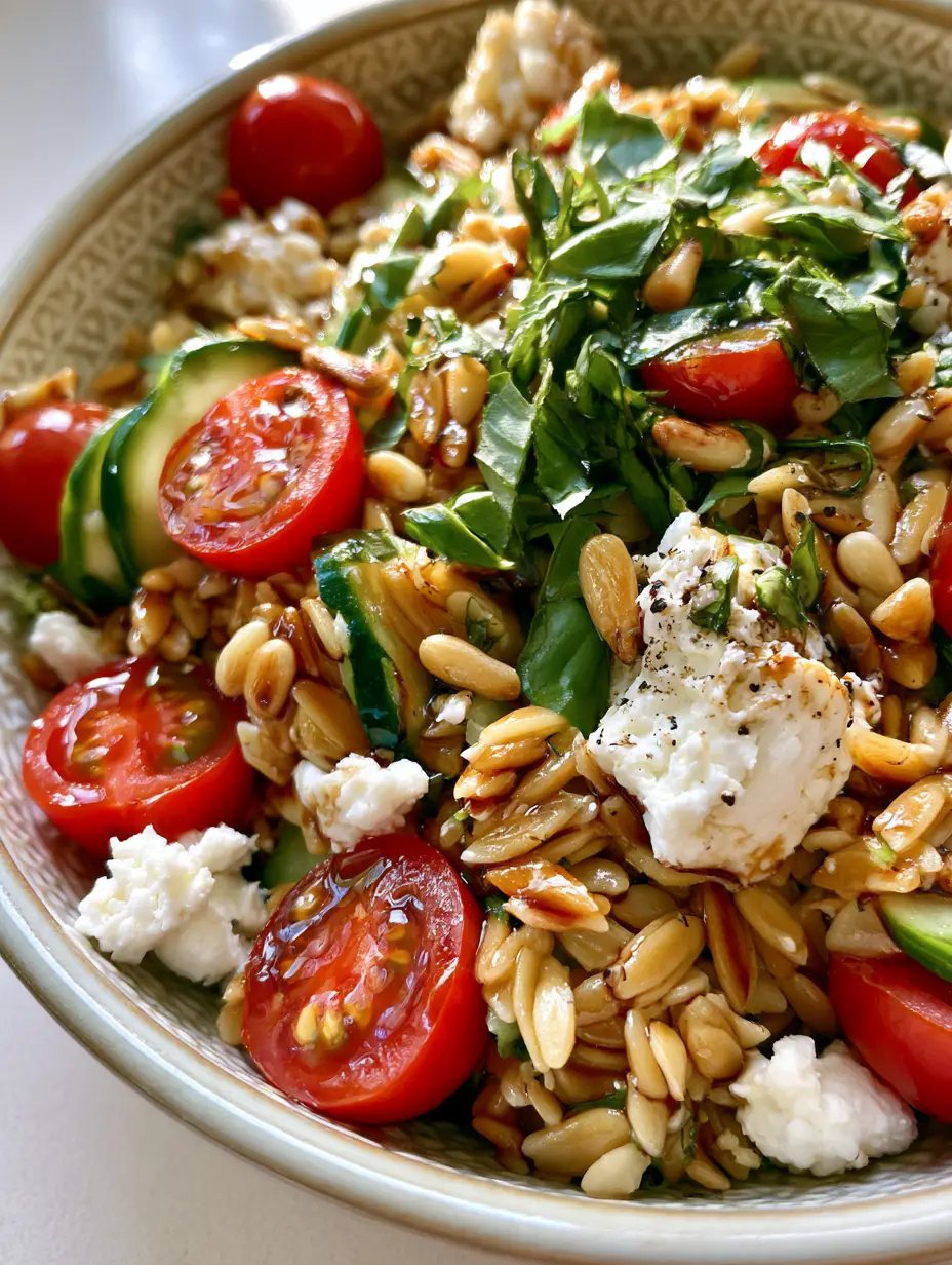 Close up of al dente balsamic orzo salad featuring juicy halved cherry tomatoes and thick chunks of feta cheese.
